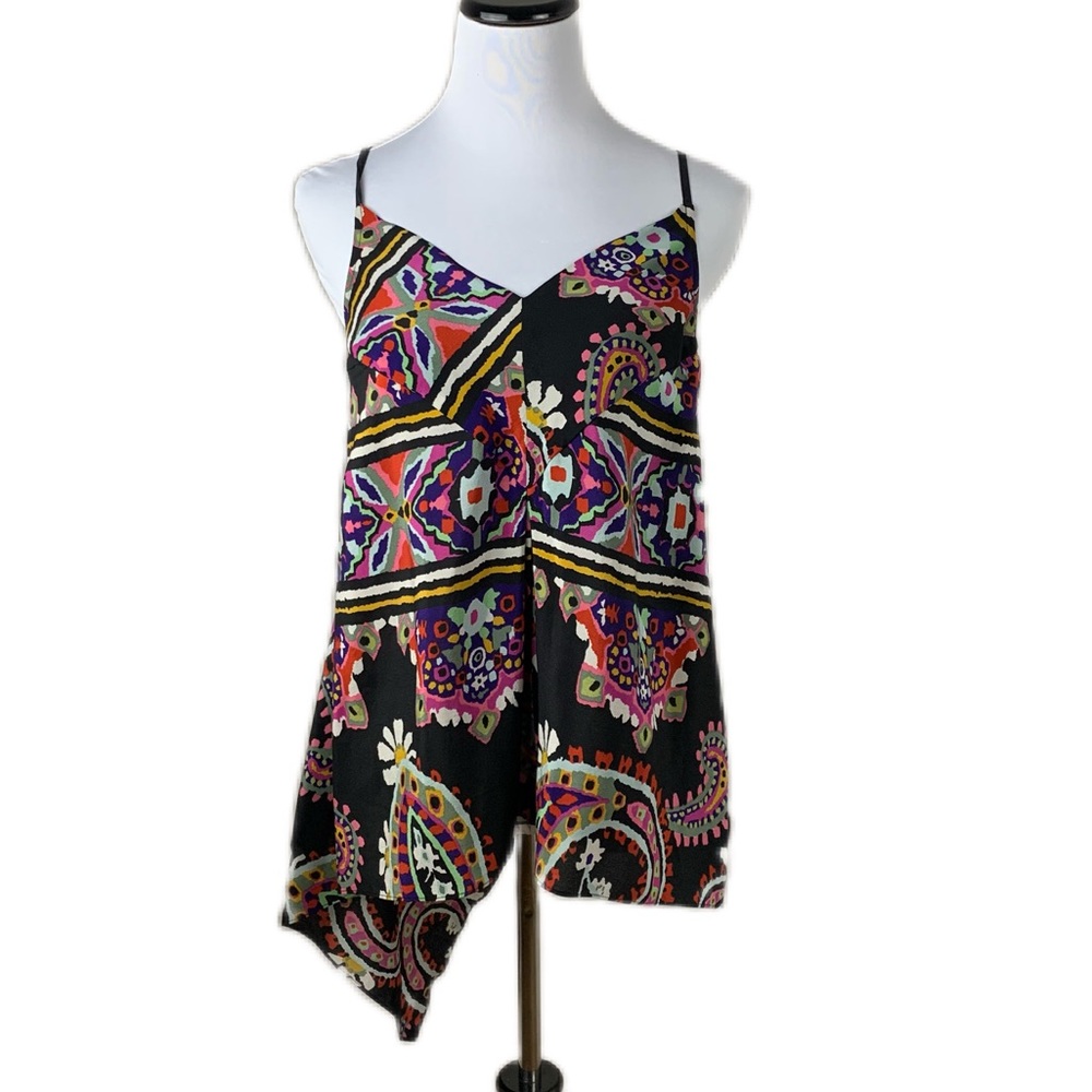 Anthropologie HD in Paris SZ 8 Moonset 100% Silk Asymmetrical Hem Paisley Top